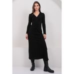 Trend Alaçatı Stili Kadın Siyah V Yaka Drape Detaylı Triko Elbise ALC-X14976