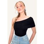 Trend Alaçatı Stili Kadın Siyah Yumuşak Dokulu Madonna Yaka Beli Drapeli Yazlık Bluz ALC-X13468