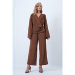 Trend Alaçatı Stili Kadın Taba Kruvaze V Yaka Geniş Kesim Tarasım Süet Bluz Ve Pantolon Takım ALC-X14584