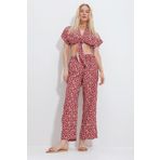 Trend Alaçatı Stili Kadın Tarçın Desenli Bağlamalı Crop Bluz Ve Cepli Pantolon Alt Üst Dokuma Takım Alc-X11745
