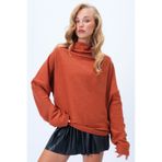Trend Alaçatı Stili Kadın Tarçın Geniş Dik Yaka Kendinden Dokulu Düşük Kol Oversize Bluz Alc-X14369