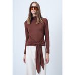 Trend Alaçatı Stili Kadın Tarçın Kahve Dik Yaka Belden Bağlamalı Bluz ALC-X14652