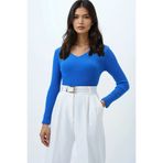 Trend Alaçatı Stili Kadın V Yaka Kaşkorse Basic Bluz Koyu Mavi ALC-X13290