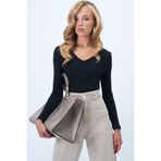 Trend Alaçatı Stili Kadın V Yaka Kaşkorse Basic Bluz Koyu Siyah ALC-X13290