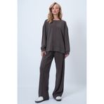 Trend Alaçatı Stili Kadın Vizon Bisiklet Yaka Önü Nervür Dikişli Uzun Sweatsırt Ve Çimalı Pantolon Takım ALC-X14599