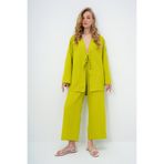 Trend Alaçatı Stili Kadın Yağ Yeşili Önü Bağcıklı Kimono Ceket Ve Palazzo Pantolon Takım ALC-X12452