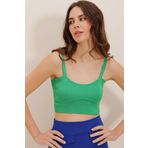 Trend Alaçatı Stili Kadın Yeşil Askılı Öpücük Yaka Crop Triko Bluz ALC-D202407
