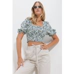 Trend Alaçatı Stili Kadın Yeşil-Beyaz Kare Yaka Karpuz Kol Gipeli Crop Keten Bluz ALC-X11651