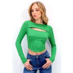 Trend Alaçatı Stili Kadın Yeşil Bisiklet Yaka Out Cut Kesimli Dikişli Crop Bluz ALC-X11162