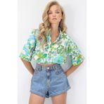 Trend Alaçatı Stili Kadın Yeşil Çiçek Desenli Duble Kol Crop Gömlek ALC-X14176