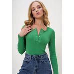 Trend Alaçatı Stili Kadın Yeşil Çıtçıtlı Kaşkorse Bluz MDS-345-BLZ