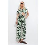 Trend Alaçatı Stili Kadın Yeşil Desenli Bağlamalı Crop Bluz Ve Cepli Pantolon Alt Üst Dokuma Takım Alc-X11745