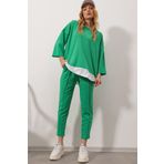 Trend Alaçatı Stili Kadın Yeşil Geniş Yaka Beli Lastikli Çift Cepli Önü Dikişli İki İplik Alt Üst Takım ALC-X8175