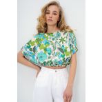 Trend Alaçatı Stili Kadın Yeşil Kayık Yaka Çiçek Desenli Dokuma Bürümcük Yazlık Crop Bluz ALC-X13795