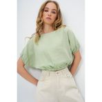 Trend Alaçatı Stili Kadın Yeşil Müslin Kumaş Kayık Yaka Dokuma Crop Bluz ALC-X13694