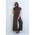 Trend Alaçatı Stili Kahverengi Dik Yaka Fermuarlı Yarım Kol Modal Bluz Ve Çift Cepli Pantolon Takım ALC-X15296