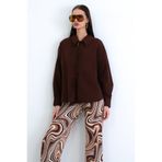Trend Alaçatı Stili Kahverengi Gömlek Yaka Önü Bağlama Detaylı Poplin Bluz ALC-X15168
