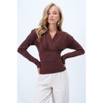 Trend Alaçatı Stili Kahverengi Kruvaze Kesim V Yaka Beli Korsajlı Sandy Bluz ALC-X14372
