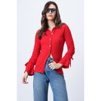 Trend Alaçatı Stili Kırmızı Gömlek Yaka Düğmeli Kolu Büzdürmeli Örme Bluz ALC-X14728