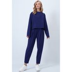 Trend Alaçatı Stili Lacivert Bisiklet Yaka Geniş Kesim Bluz Ve Önü Pileli Çift Cepli Pantolon Takım ALC-X14553