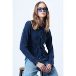 Trend Alaçatı Stili Lacivert Bisiklet Yaka Önü Fiyonk Bağlamalı Triko Hırka ALC-X14612