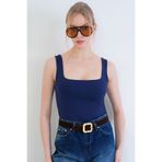 Trend Alaçatı Stili Lacivert Kare Yaka İnce Askılı Sandy Kumaş Bluz ALC-X13453