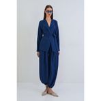 Trend Alaçatı Stili Lacivert Sofia Keten Paçası Lastikli Jogger Pantolon Ve Kendinden Kemerli Ceket Takım ALC-X15299