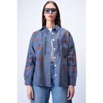 Trend Alaçatı Stili Mavi Nakış İşlemeli Jean Gömlek Ceket ALC-X14931