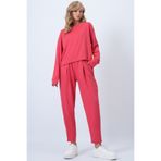Trend Alaçatı Stili Mercan Bisiklet Yaka Geniş Kesim Bluz Ve Önü Pileli Çift Cepli Pantolon Takım ALC-X14553