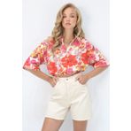 Trend Alaçatı Stili Mercan Çiçek Desenli Duble Kol Crop Gömlek ALC-X14176
