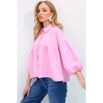 Trend Alaçatı Stili Pembe Balon Kol Lastikli Eteği Volanlı Keten Gömlek ALC-X13507