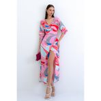 Trend Alaçatı Stili Pembe Kruvaze Yaka Retro Desenli Kolu Gipeli Midi Boy Dokuma Elbise ALC-X15191