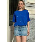 Trend Alaçatı Stili Saks Bisiklet Yaka Oversize İnci Ve Taş İşlemeli T-Shirt ALC-X11964