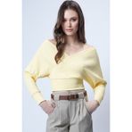 Trend Alaçatı Stili Sarı Ön Arka V Yaka Kruvaze Bluz ALC-019-053-BLZ