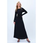 Trend Alaçatı Stili Siyah Bisiklet Yaka Aksesuarlı Belden Büzgülü Out-Cut Detaylı Triko Elbise ALC-X14358
