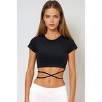 Trend Alaçatı Stili Siyah Bisiklet Yaka Bağcıklı Crop Fit T-Shirt ALC-X6042