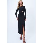 Trend Alaçatı Stili Siyah Bisiklet Yaka Beli Broş Detaylı Maxi Boy Sandy Elbise ALC-X14378