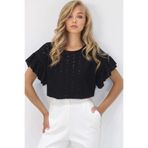 Trend Alaçatı Stili Siyah Bisiklet Yaka Delik Ajurlu Kolları Fırfırlı Örme Bluz VS00279