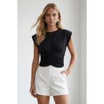 Trend Alaçatı Stili Siyah Bisiklet Yaka Drape Detaylı Vatkalı Sandy Bluz Alc-X15485