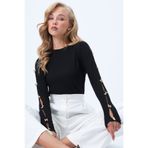 Trend Alaçatı Stili Siyah Bisiklet Yaka Gold Aksesuar Detaylı Ottoban Bluz ALC-X14336