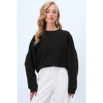Trend Alaçatı Stili Siyah Bisiklet Yaka Yarasa Kol Geniş Kesim Basic Bluz ALC-X14391
