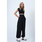 Trend Alaçatı Stili Siyah Çift Cepli Beli Ve Paçası Lastikli Örme Pantolon ALC-X14580