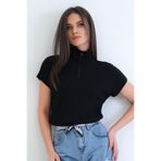 Trend Alaçatı Stili Siyah Dik Yaka Fermuarlı Yarım Kol Ottoban Bluz ALC-X15295