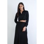 Trend Alaçatı Stili Siyah Geniş Manşetli Crop Saten Gömlek ALC-X15264