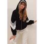 Trend Alaçatı Stili Siyah-Gri Kapüşonlu Fermuarlı Kolları Renk Bloklu Oversize Peluş Sweatshirt ALC-547-001