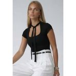 Trend Alaçatı Stili Siyah Kare Yaka Boyundan Bağlamalı Scuba Bluz ALC-X15451