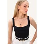 Trend Alaçatı Stili Siyah Kare Yaka İnce Askılı Sandy Kumaş Bluz ALC-X13453