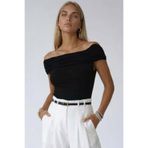 Trend Alaçatı Stili Siyah Madonna Yaka Drapeli Bluz ALC-X15456