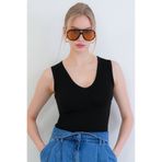 Trend Alaçatı Stili Siyah V Yaka Kolsuz Bluz ALC-X15441