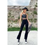 Trend Alaçatı Stili Siyah Yüksek Bel Önü Çimalı Bol Paça Likralı Pantolon ALC-X9979